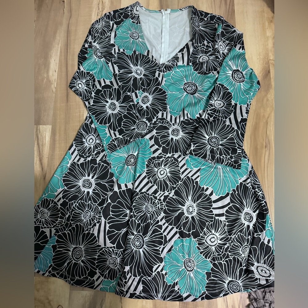 Vintage Floral Black and Teal Dress